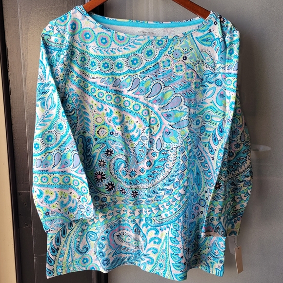Talbots Blue Paisley Bateau Neck Size PXL 3/4 Sleeve Imported NEW Multicolor - Picture 2 of 9